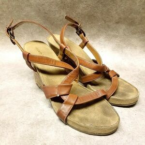 Merona Womens   Size 9 Brown  Open Toe Slingback 4" Wedge Sandals